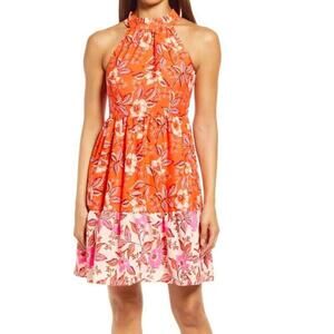 Eliza J Floral‎ High Neck Fit & Flare Dress In Orange Pink Tie Bow Back Size 4